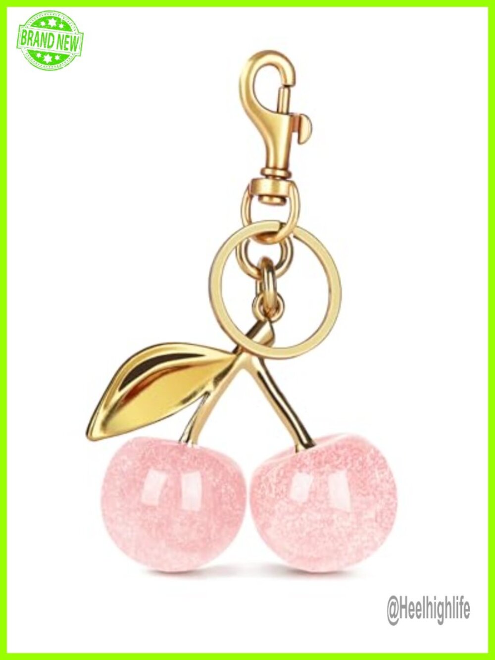 Glitter Cherry Bag Charm Keychain Resin Metal Purse Accessory Gold Plated